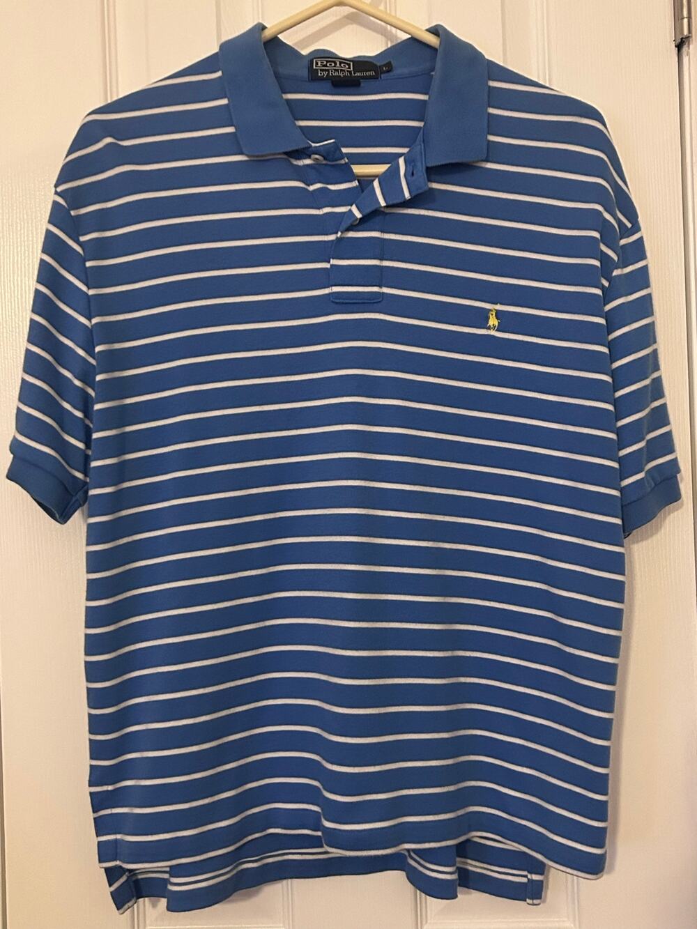 Polo Ralph Lauren Blue White Striped Polo Shirt Vintage Y2K Preppy Mens Size L